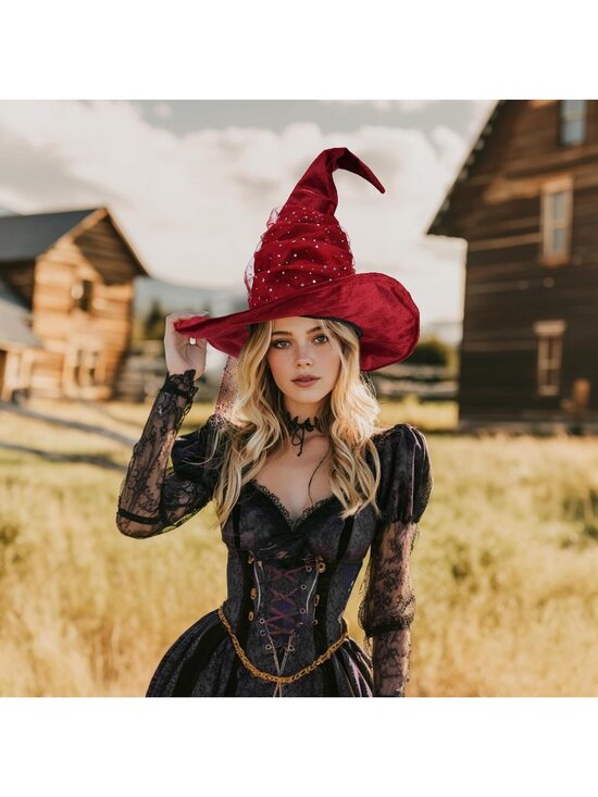 Vintage Wine Velvet With Mesh Witch Hat for Women Halloween Costume Accessory main image 4